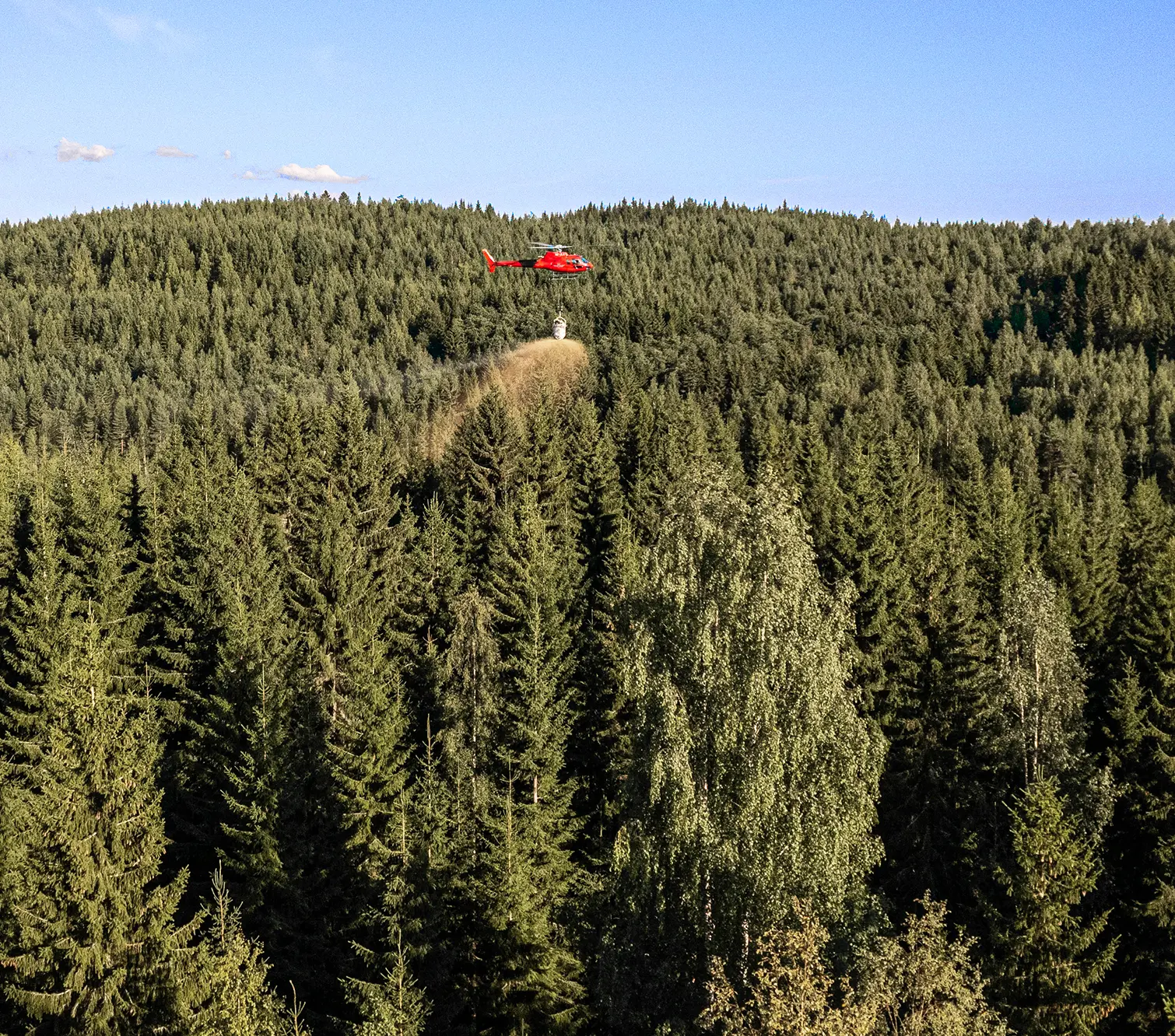 Helikopteri lannoittaa metsää