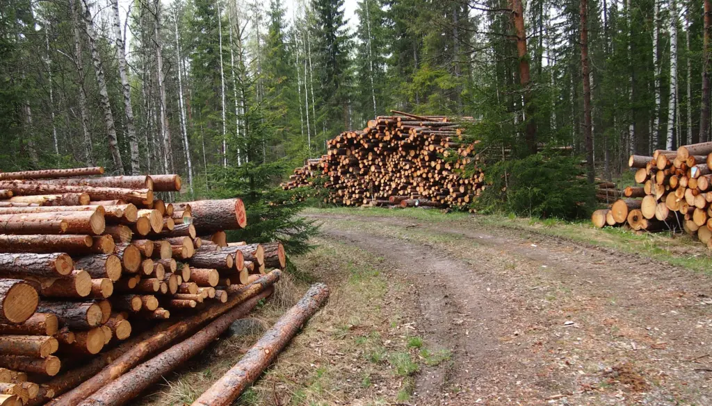 Puupinoja metsätien varrella.