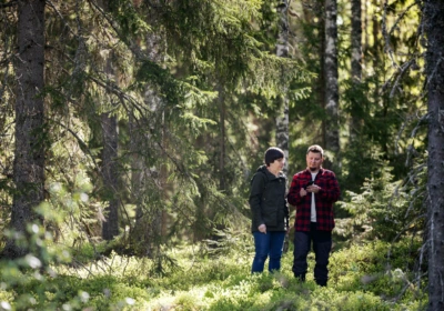 metsänomistaja metsäasiantuntijan kanssa metsässä tekemässä puukauppaa.